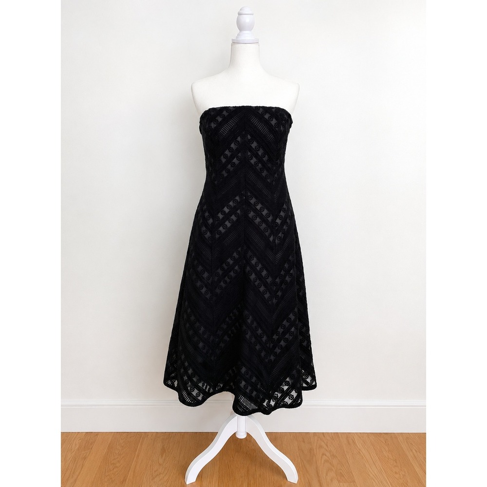 Ann‎ Taylor Black Strapless Lace Midi Dress 100% Silk 2 A-Line Cocktails LBD